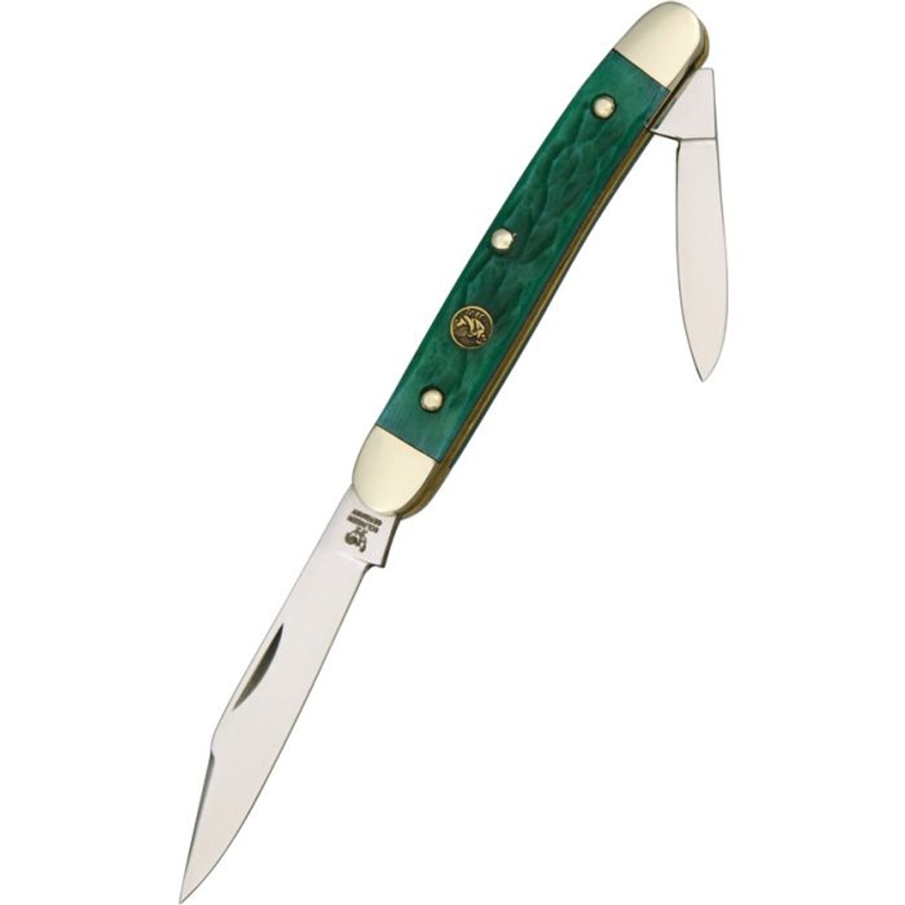 Hen & Rooster Pen Knife (302GPB) Mirror Finished German Steel Pen and Clip Blade, Green Pick Bone Handle