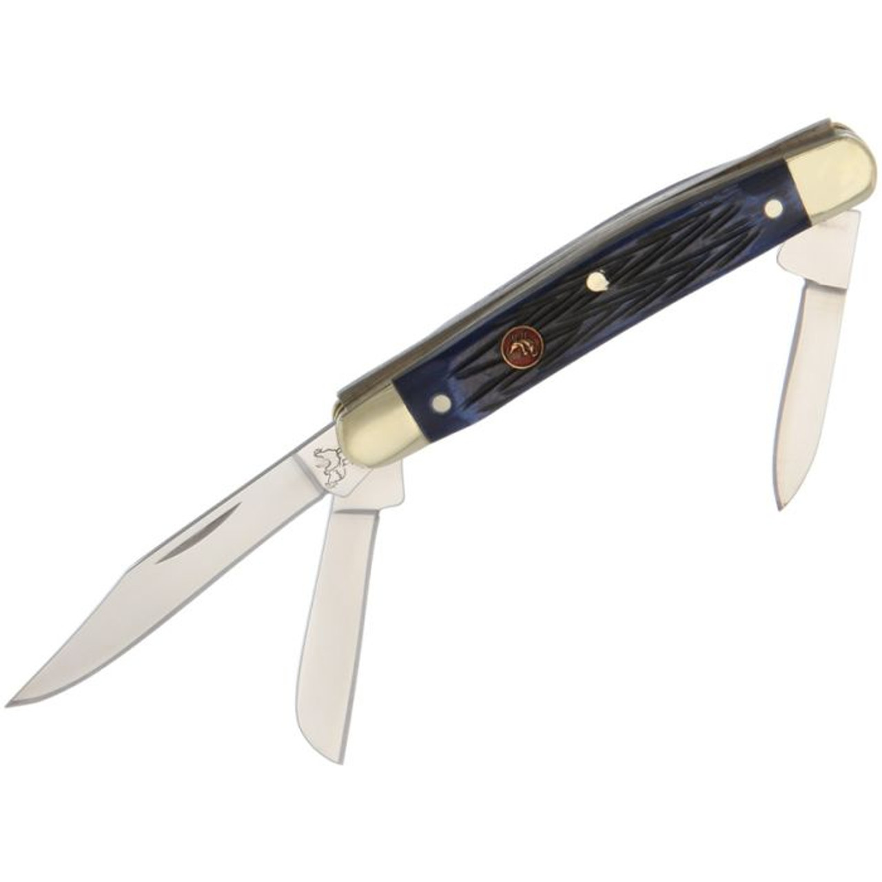 Hen & Rooster Small Stockman (HR303BLPB) German Stainless Steel Mirror Polished Clip, Pen, and Sheepsfoot Blades, Blue Pick Bone Handle