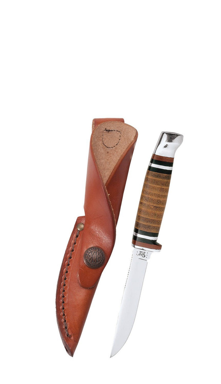 Case Mini Finn Hunter Fixed Blade (379) 3.13" Tru-Sharp Stainless Steel Clip Point Mirror Polished Plain Blade, Stacked Leather Handle, Brown Leather Sheath