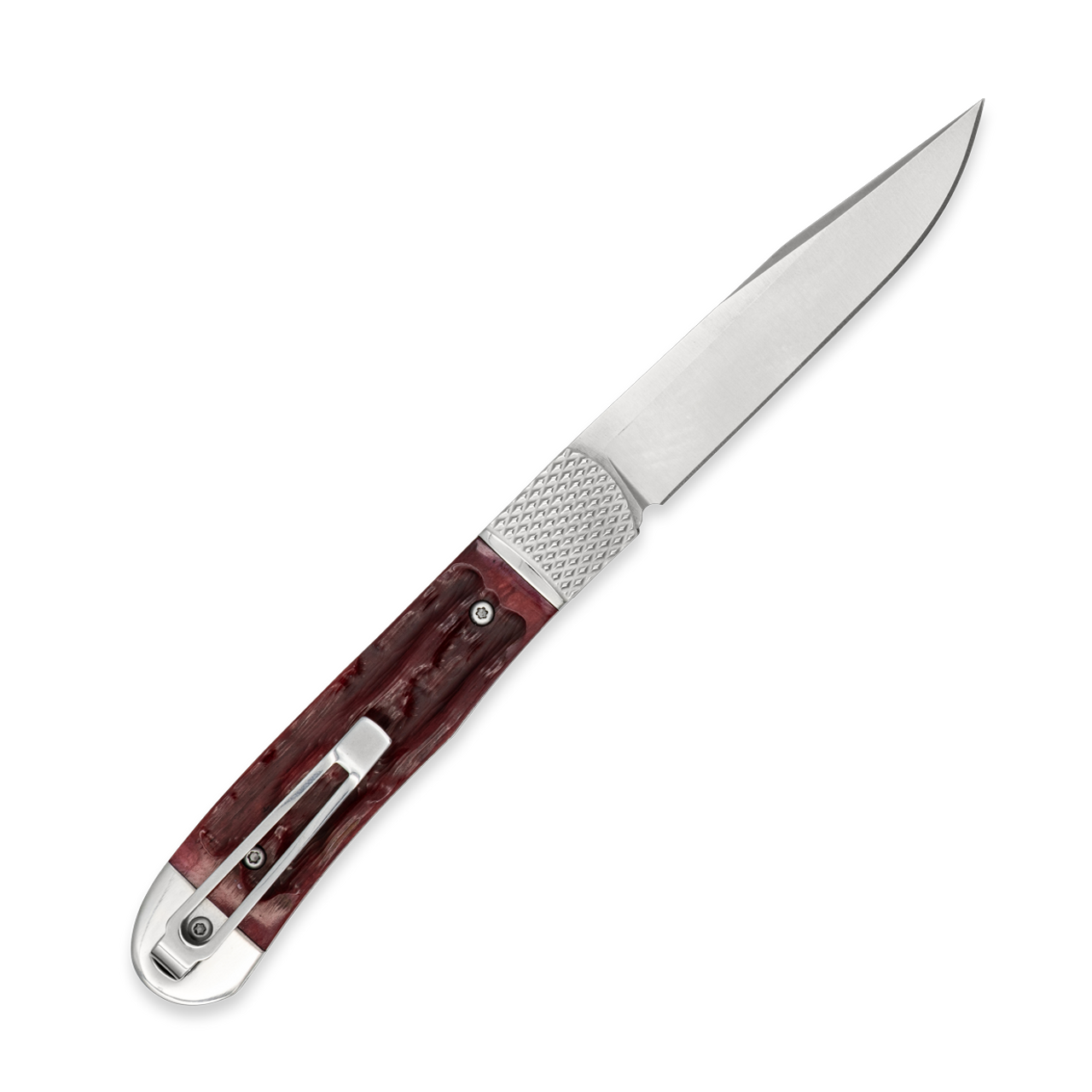 CobraTec Trapper Hidden Release Automatic (CTTHRRED) 3.125" D2 Satin Drop Point Plain Blade, Red Bone Handle w/ Steel Bolster