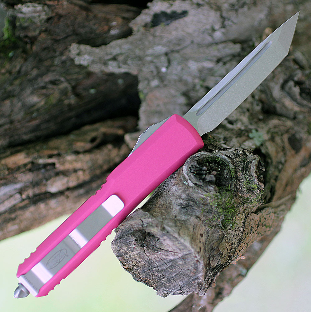 Microtech Ultratech T/E Double Action OTF (123-10PK) 3.44" Premium Steel Stonewash Tanto Plain Blade, Dark Pink Anodized Aluminum Handle with Glass Breaker
