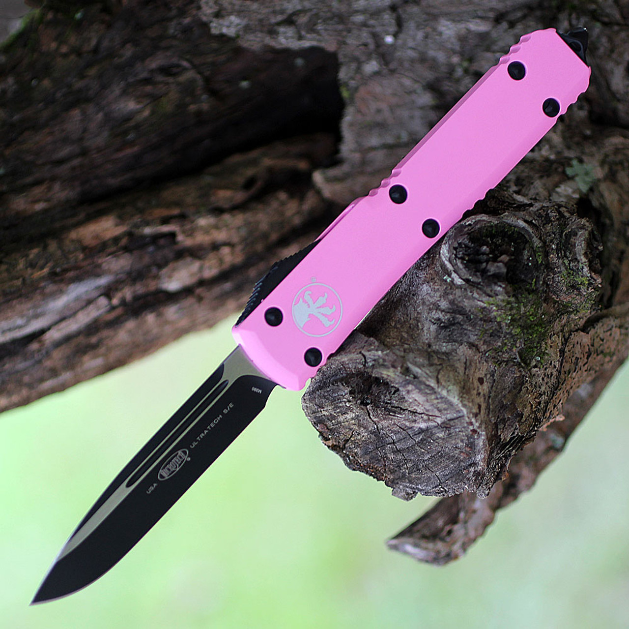 Microtech Ultratech S/E (MCT1211BPK) 3.44" Premium Steel Black Drop Point Plain Blade, Baby Pink Aluminum Handle