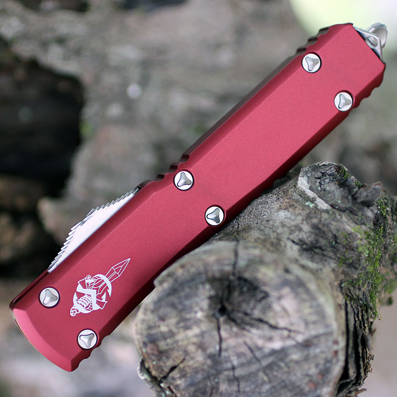 Microtech Ultratech Warhound Signature Series Double Action OTF (119W-10 MRS) 3.4" Premium Steel Wharncliffe Stonewash Plain Blade, Merlot Anodized Aluminum Handle with Glass Breaker