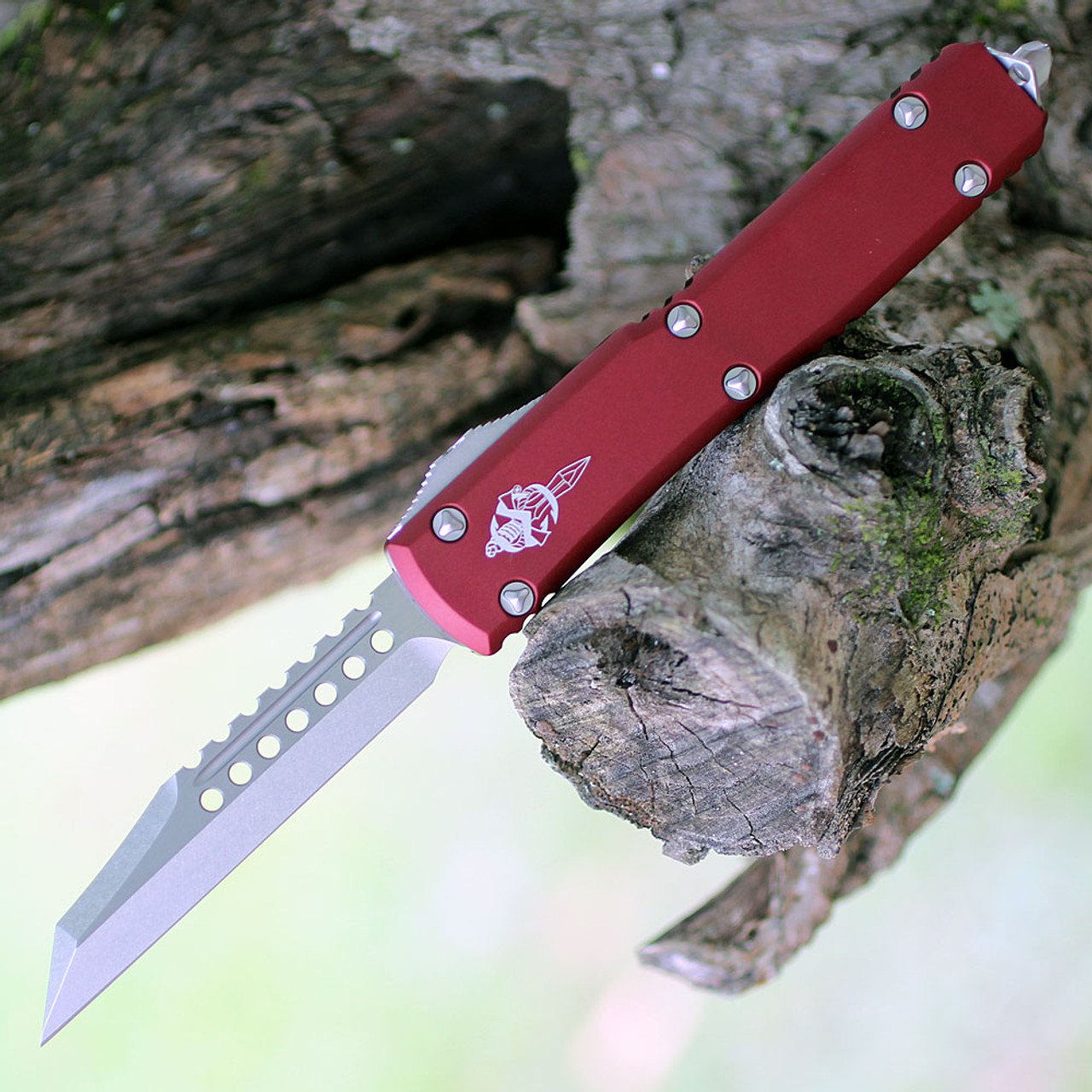 Microtech Ultratech Warhound Signature Series Double Action OTF (119W-10 MRS) 3.4" Premium Steel Wharncliffe Stonewash Plain Blade, Merlot Anodized Aluminum Handle with Glass Breaker