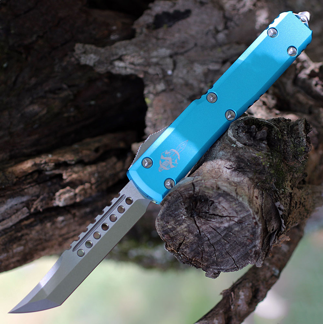 Microtech Ultratech Hellhound SS (MCT11910TQS) 3.375" Premium Steel Stonewashed Tanto Plain Blade, Teal Aluminum Handle