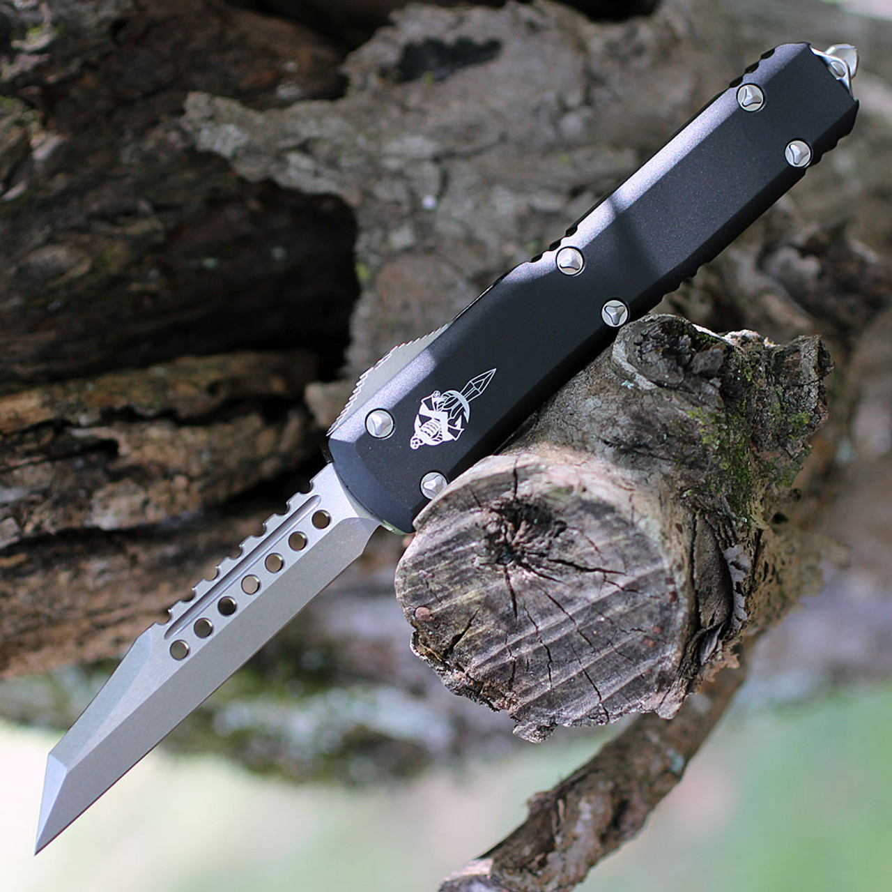 Microtech Ultratech Warhound Signature Series Double Action OTF (119W-10 S) 3.4" Premium Steel Wharncliffe Stonewash Plain Blade, Black Anodized Aluminum Handle with Glass Breaker