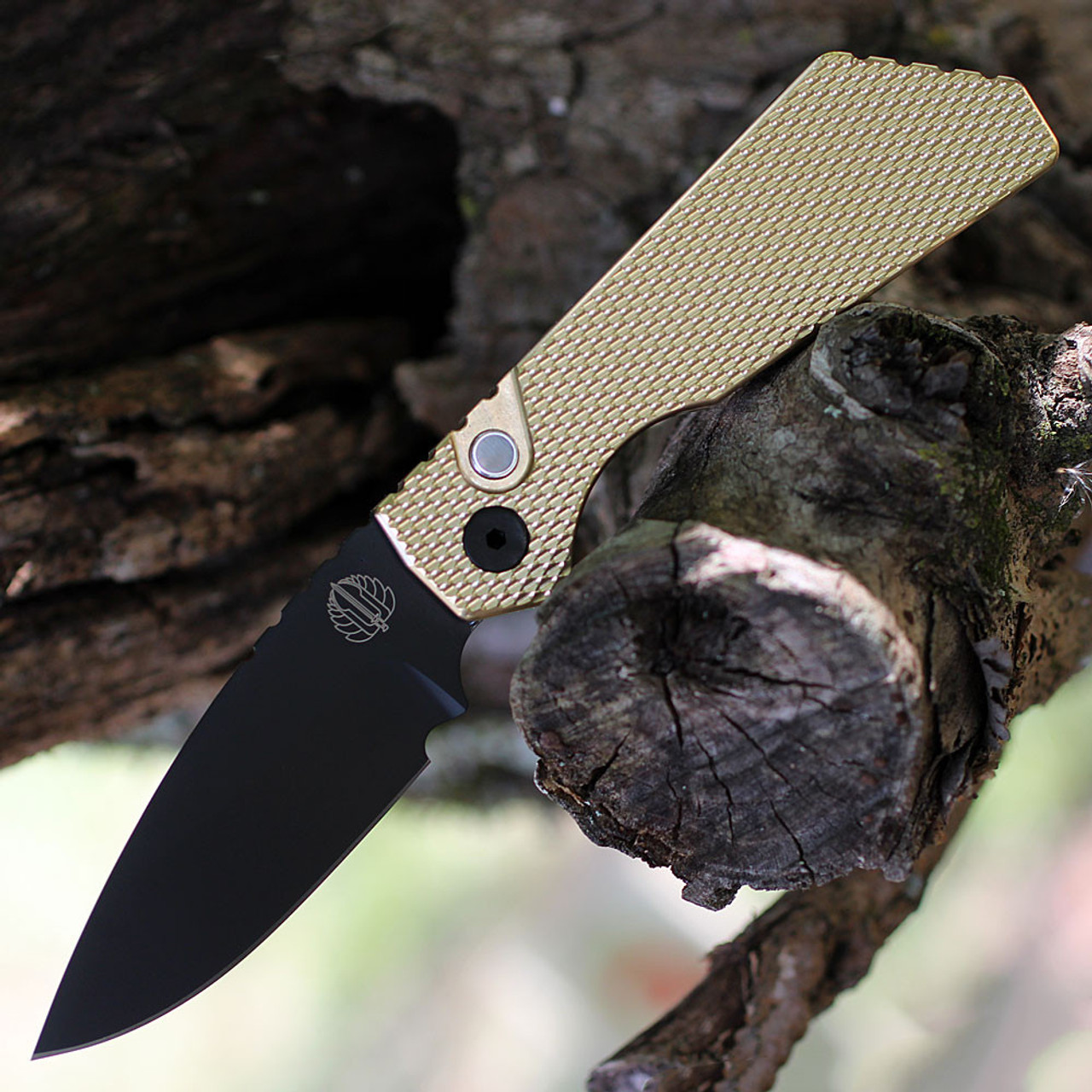 Pro-Tech Strider PT+ (236) - 3.94" DLC Black Drop Point Blade, Textured AlBronze Handle with Mother of Pearl Push Button