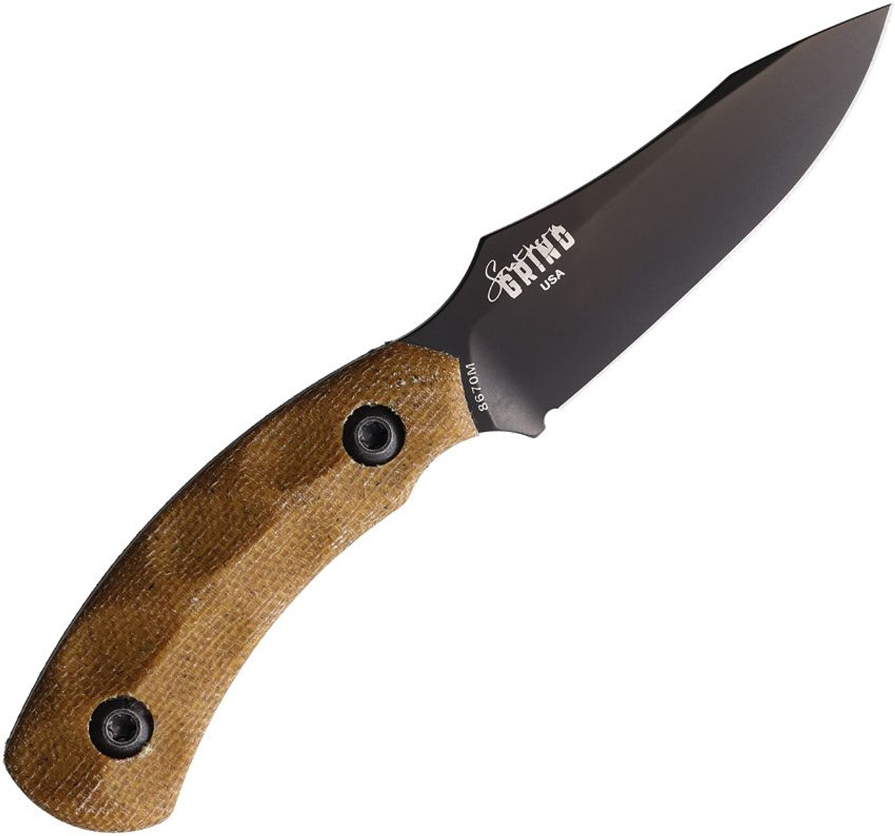 Southern Grind Jackal Pup Fixed Blade (SG22297) 4.75" 8670M Black PVD Coated Drop Point Plain Blade, Brown Sculpted Micarta Handle, Black Kydex Sheath