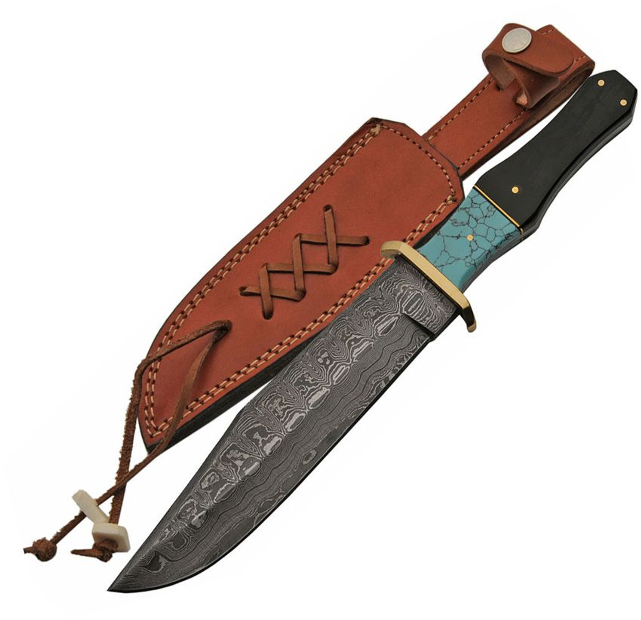 Damsacus Blade Bowie (DM1149) 7.5" Damascus Steel Clip Point Plain Blade, Horn and Turquoise Handle, Brown Leather Belt Sheath