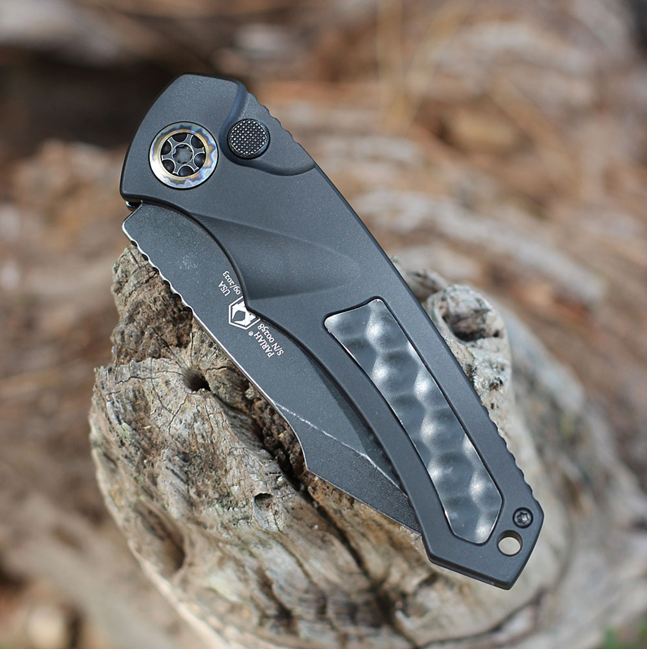 Heretic Knives Pariah Automatic (H048-8A) 3.75" MagnaCut Drop Point Battleworn Black Plain Blade, Black Battleworn Aluminum Handle with Black Bubble Stainless Inlays