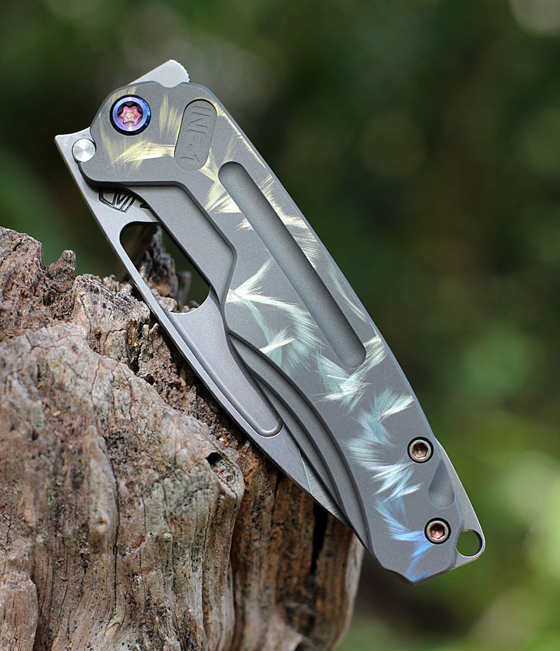 Medford Infraction (MK031STQ-01TM-TFCF) 3.60"Tumbled S45VN Drop Point Plain Blade, Birds of Paradise Titanium Handle, Anodized Hardware, Birds of Paradise Titanium Clip, Waterproof Case