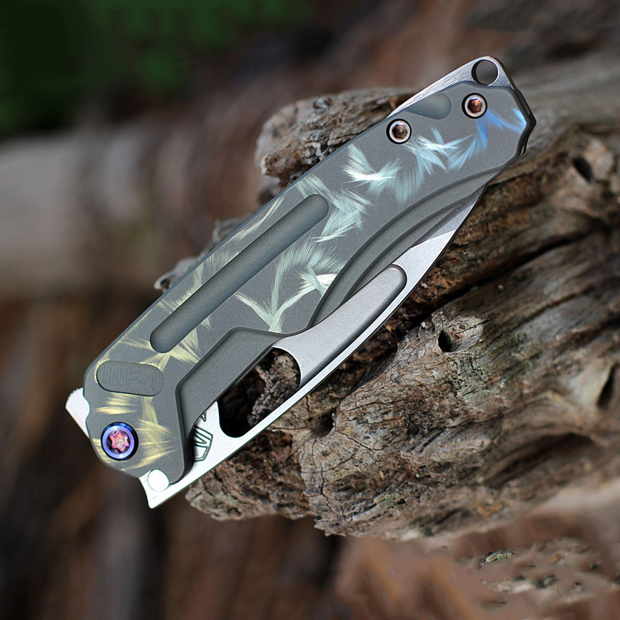 Medford Infraction (MK031STQ-01TM-TFCF) 3.60"Tumbled S45VN Drop Point Plain Blade, Birds of Paradise Titanium Handle, Anodized Hardware, Birds of Paradise Titanium Clip, Waterproof Case