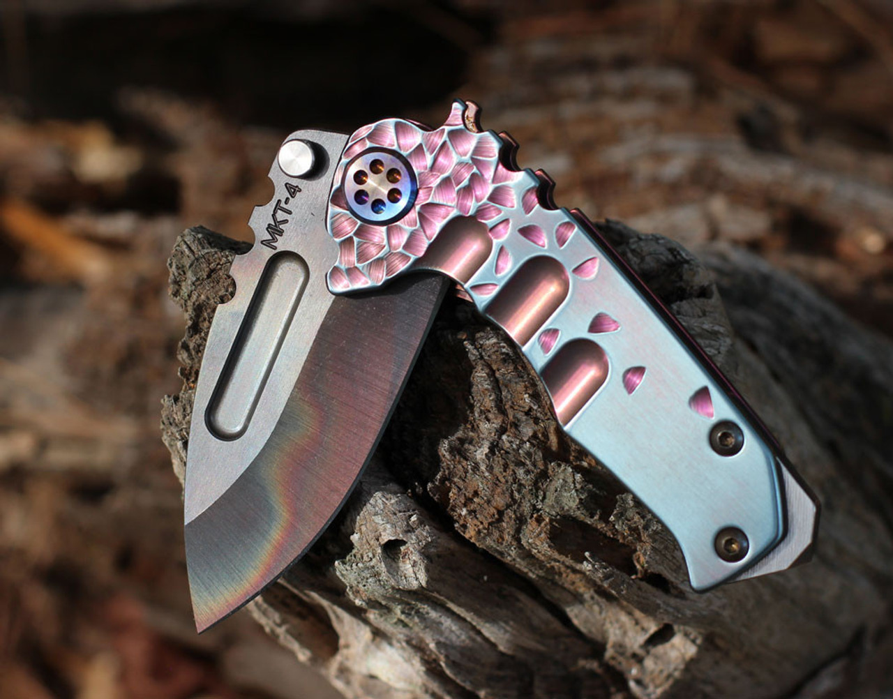 Medford Micro Praetorian T (MK008SVD-01TM-TFCF) 2.87" Vulcan S45VN Drop Point Plain Blade, Pink Falling Leaves Titanium Handle, Anodized Hardware, Anodized Clip, Waterproof Case
