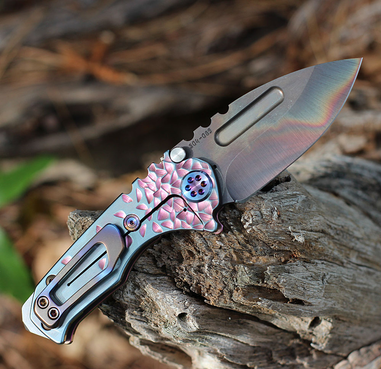 Medford Micro Praetorian T (MK008SVD-01TM-TFCF) 2.87" Vulcan S45VN Drop Point Plain Blade, Pink Falling Leaves Titanium Handle, Anodized Hardware, Anodized Clip, Waterproof Case