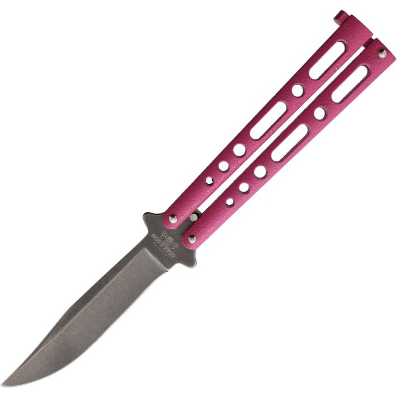 Bear & Son Butterfly Pink (BC117PKSW) 4" Carbon Steel Stonewashed Clip Point Plain Blade, Pink Skeletonized Zinc Handles