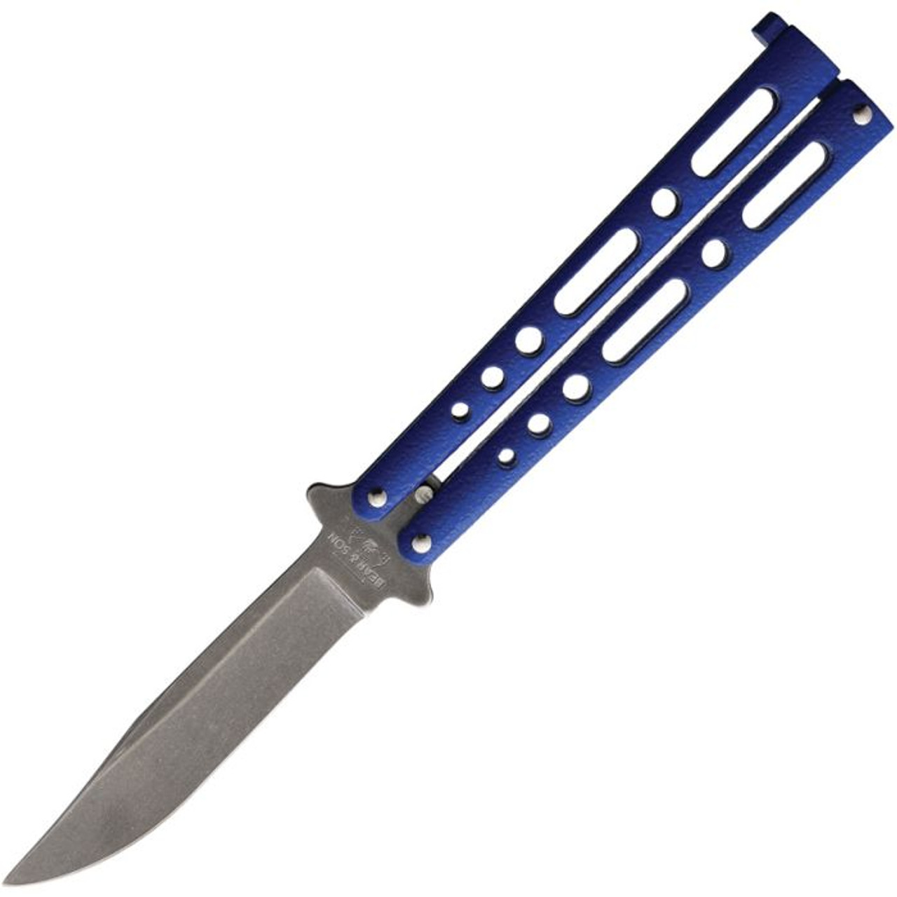 Bear & Son Butterfly (BC117BLSW) 3.75" 440 Stainless Steel Stonewashed Clip Point Plain Blade, Blue Zinc Handles