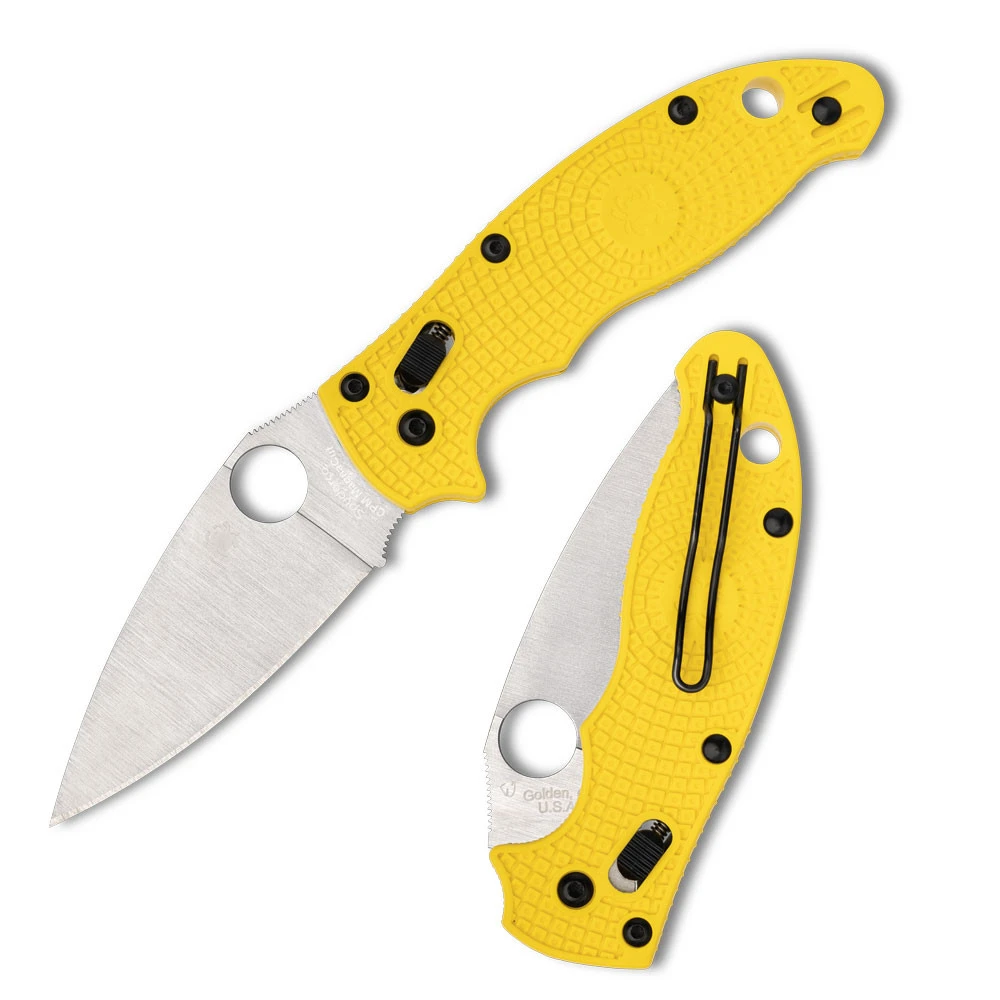 The Spyderco Manix 2 Lightweight Salt C101PYL2 is shown open, with its satin CPM MagnaCut blade and Trademark Round Hole extending from a bright yellow textured FRCP handle with a wire pocket clip.
