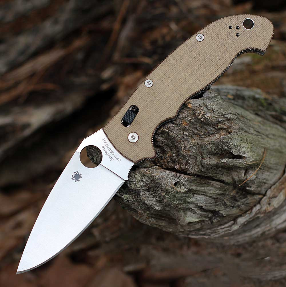 Spyderco Manix 2 XL C95MPCW2 CruCarta brown canvas Micarta handle open view showing CPM CRU-WEAR satin blade
