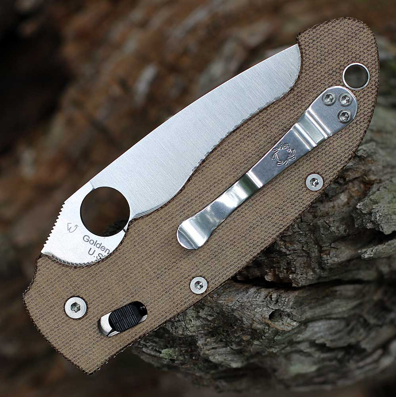 Spyderco Manix 2XL C95MPCW2 - 3.85in Sanded Smooth CPM Cru-Wear Plain Blade, Brown Canvas Micarta Handle
