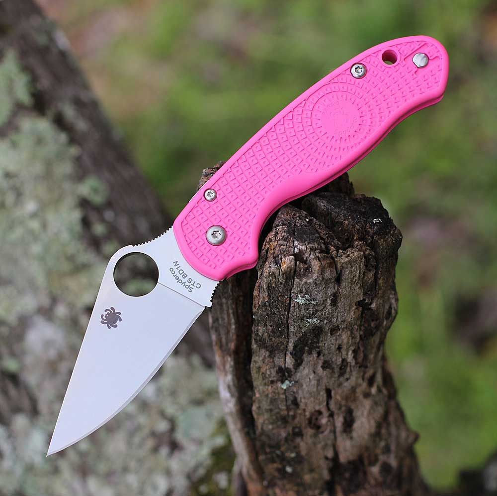 Spyderco Para 3 Lightweight C223PPN pink FRN handle open view showing CTS BD1N satin blade Breast Cancer Awareness edition