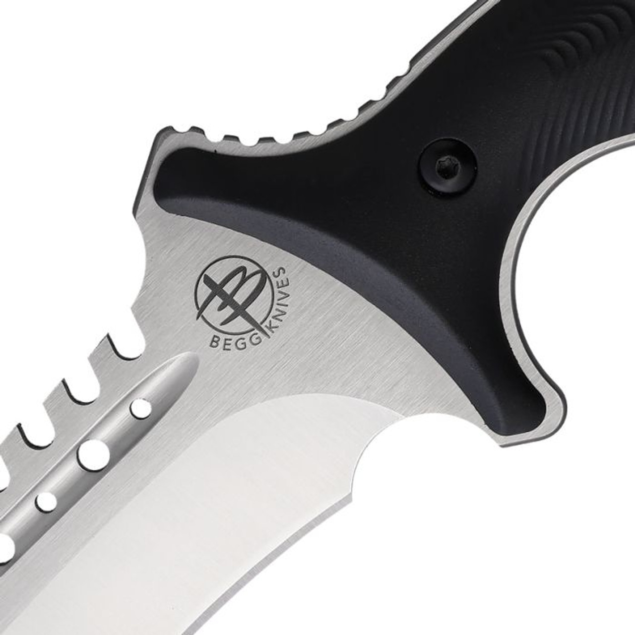 Begg Knives Bolo Fixed Blade Knife (BG023)- 8" Satin AUS-10A Sawback Bolo Blade, Black Injection Molded Nylon Handle