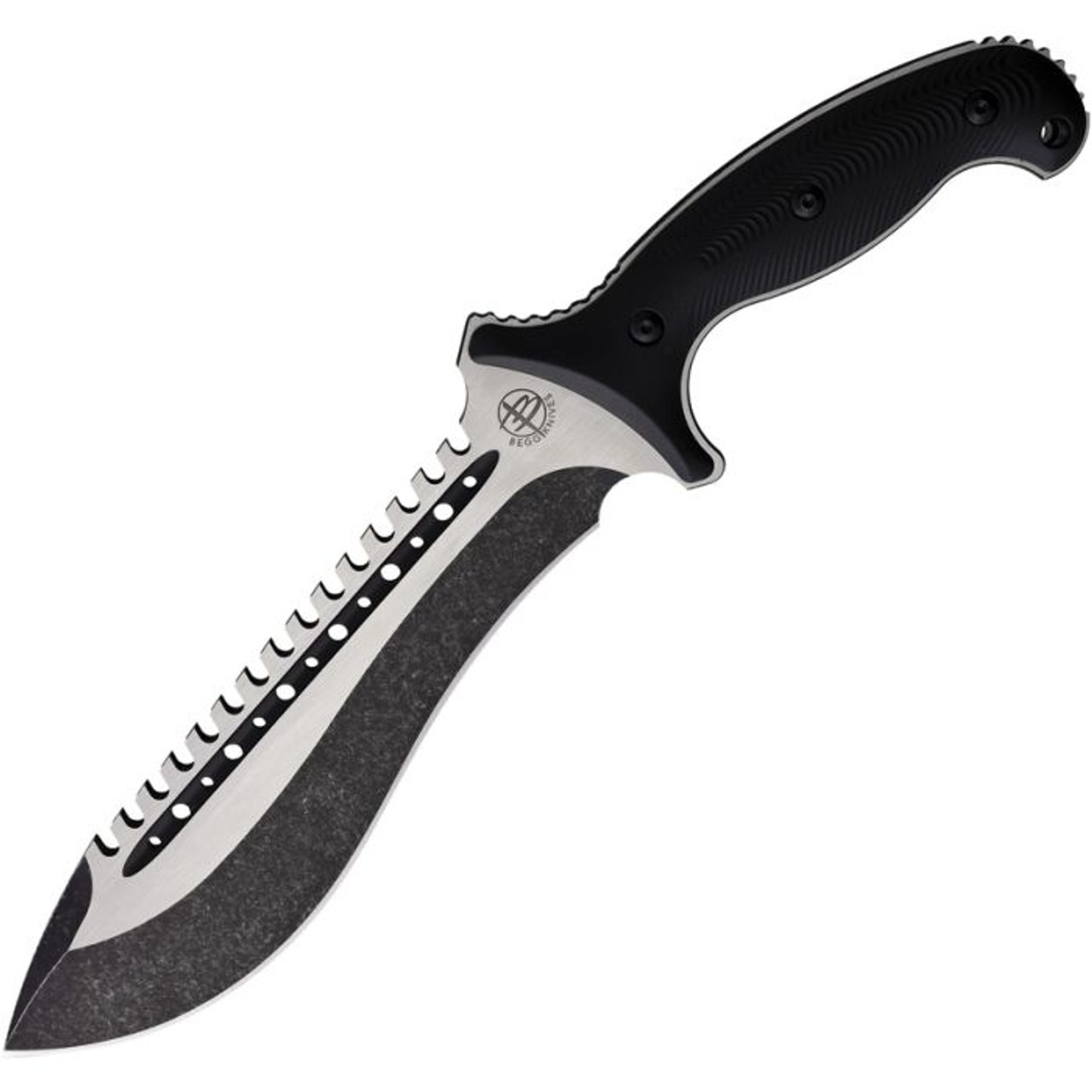 Begg Knives Bolo Fixed Blade Knife (BG022)- 8" Black and Satin AUS-10A Sawback Bolo Blade, Black Injection Molded Nylon Handle