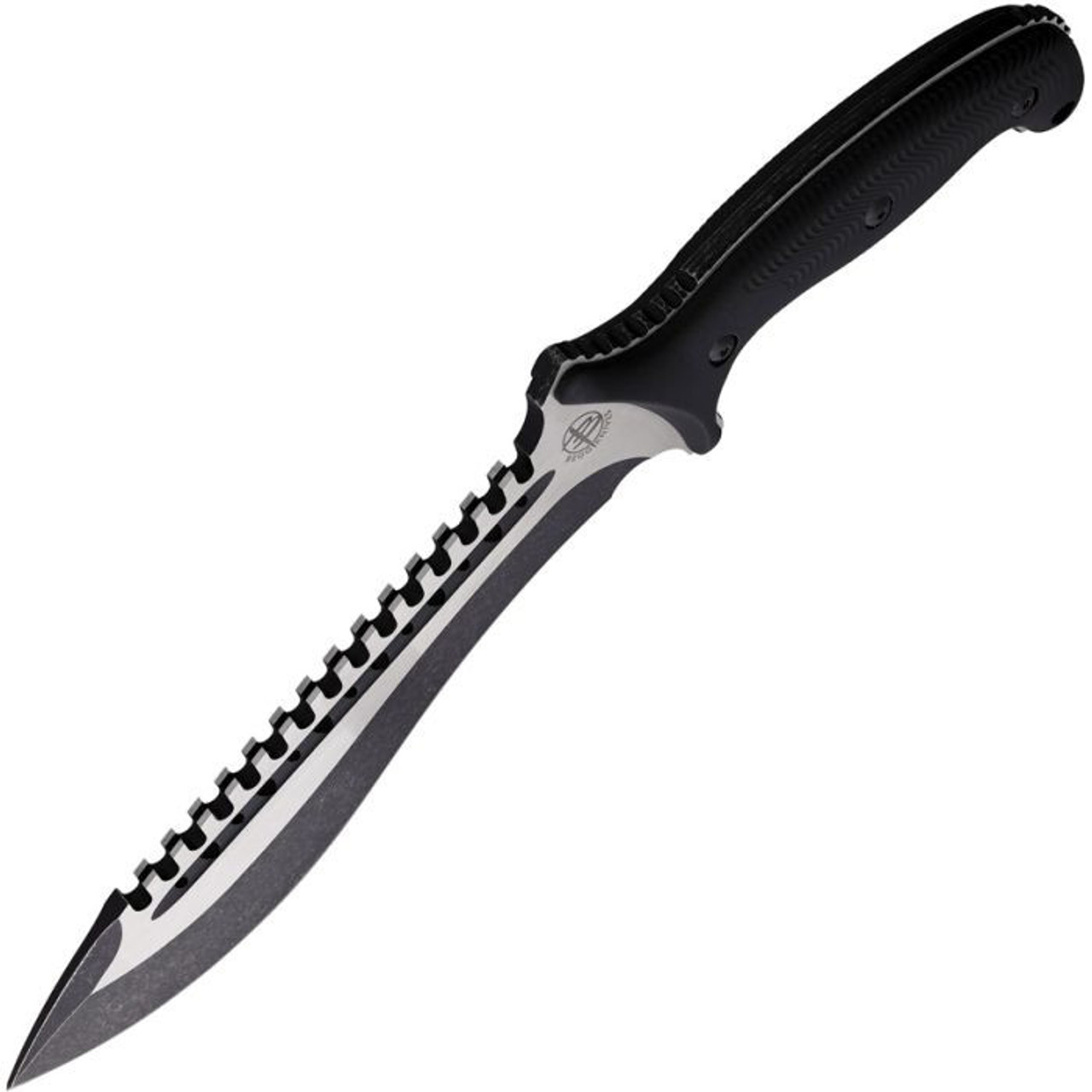 Begg Knives Bolo Fixed Blade Knife (BG022)- 8" Black and Satin AUS-10A Sawback Bolo Blade, Black Injection Molded Nylon Handle