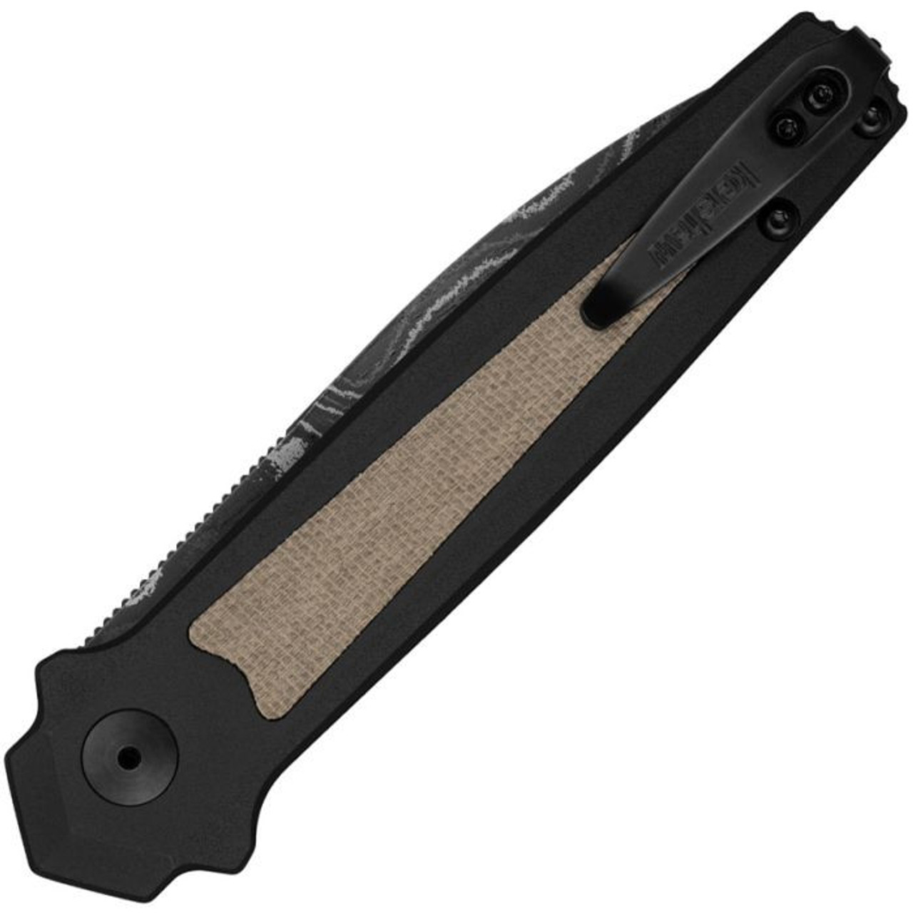 Kershaw Launch 15 Automatic Knife (7950DAM) 3.5" Damascus Spear Point Plain Blade, Black Aluminum w/ Tan Micarta Inlay Handle