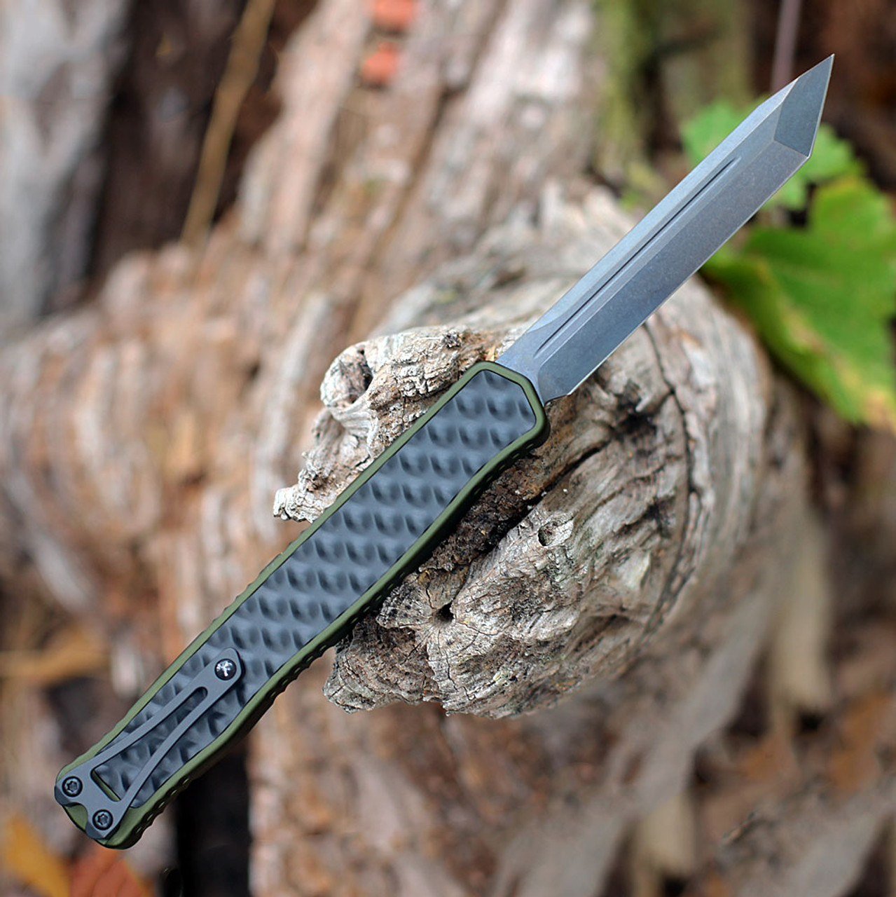 Heretic Cleric II OTF Automatic (H019-6A-ODGRN) - 4.25in Stonewash CPM-Magnacut TantoEdge Plain Blade, OD Green Anodized Aluminum/Black Stainless Steel Inlay, Black Hardware and Black Titanium Clip