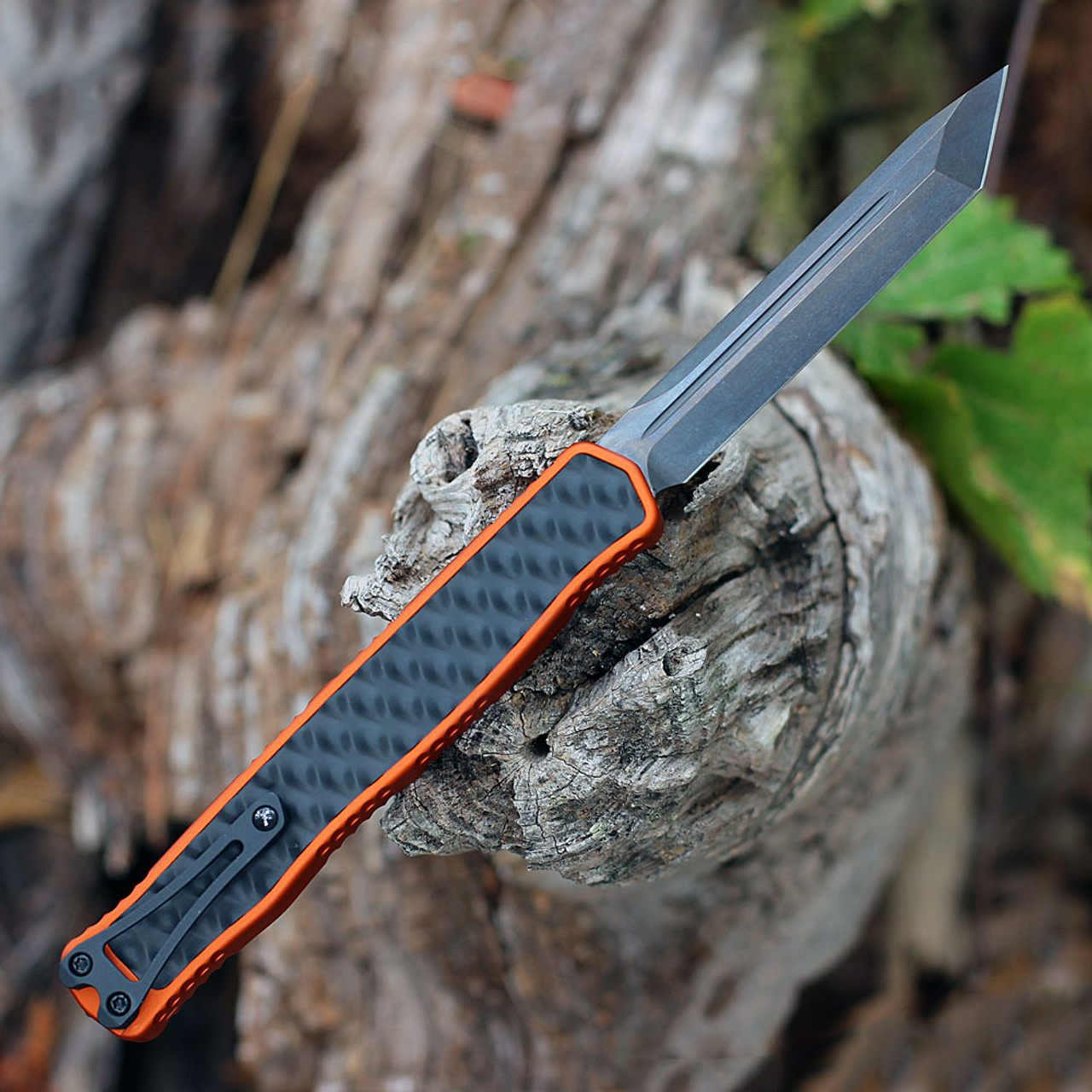 Heretic Cleric II OTF Automatic (H019-6A-ORG) - 4.25in Stonewash CPM-Magnacut TantoEdge Plain Blade, Orange Anodized Aluminum/Black Stainless Steel Inlay, Black Hardware and Black Titanium Clip