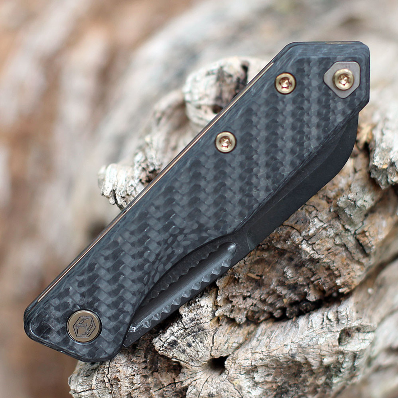 Heretic Knives Jinn Slip Joint Folder (H013-6A-CF) - 3.0" Black DLC CPM-MagnaCut Wharncliffe Blade PlainEdge, Carbon Fiber Handle with Bronze Hardware