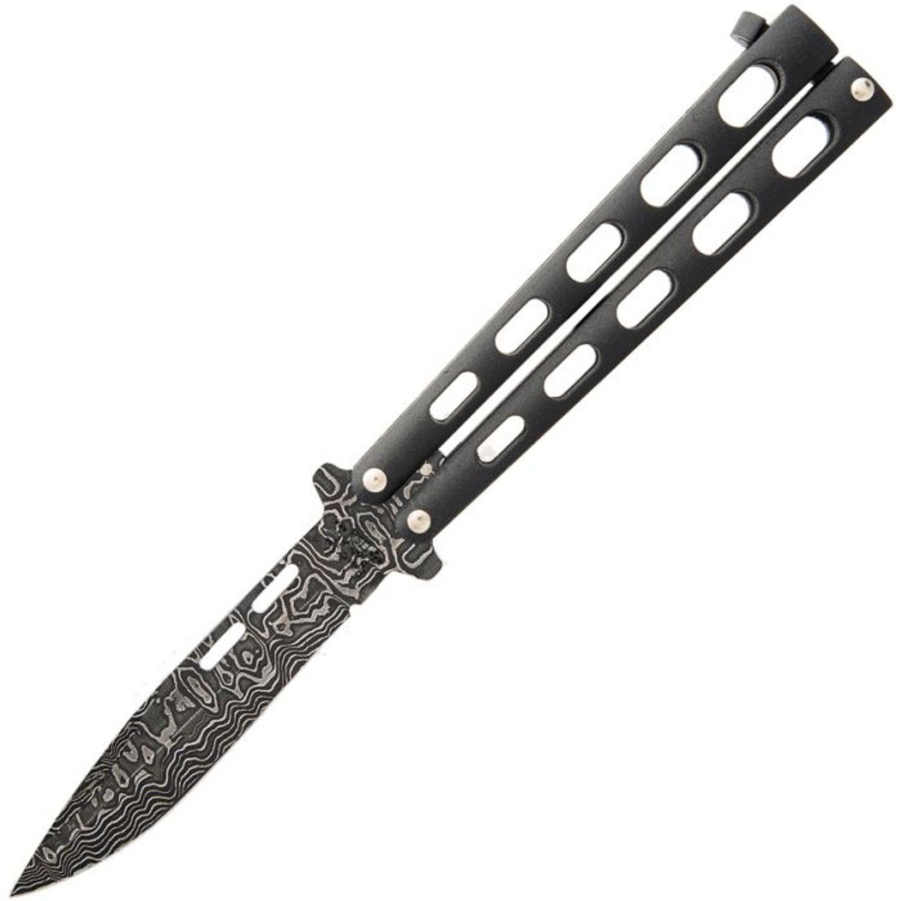 Bear & Son Butterfly (BC115D) 4" Damascus Clip Point Plain Blade, Black Powder Coated Zinc Handle