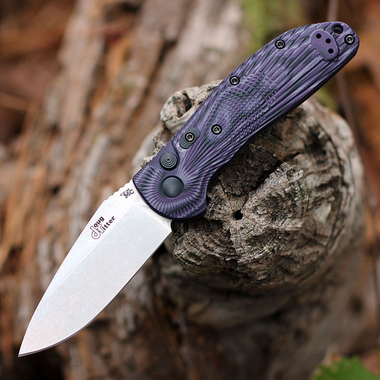 Doug Ritter Auto-EXLRSK®, 3.44" Stonewashed CPM-MagnaCut Drop Point Plain Blade, G-mascus® Purple G-10 Handle