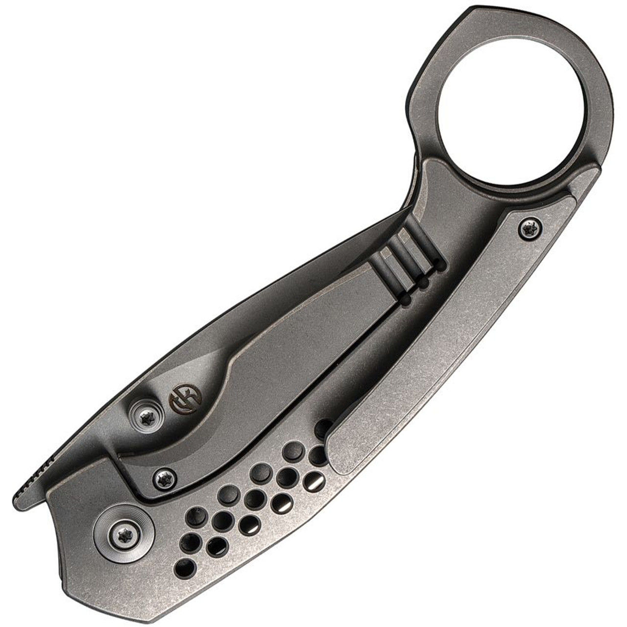 We Knife Co. Envisage (WE220131) 2.42" CPM-20CV Grey Drop Point Plain Blade, Grey Titanium Handle, Finger Ring