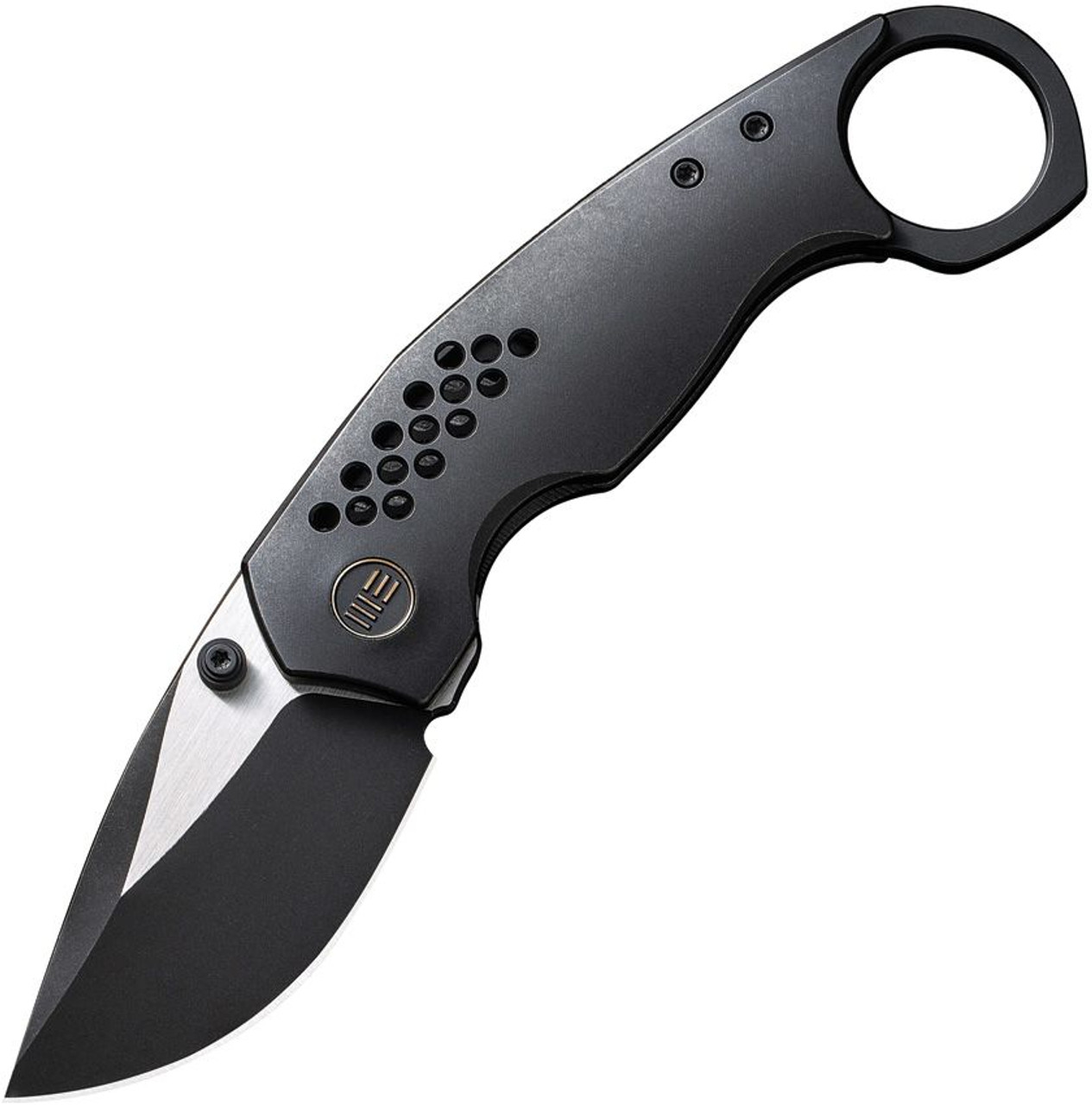 We Knife Co. Envisage (WE220132) 2.42" CPM-20CV Two Tones Black and Satin Drop Point Plain Blade, Black Titanium Handle, Finger Ring