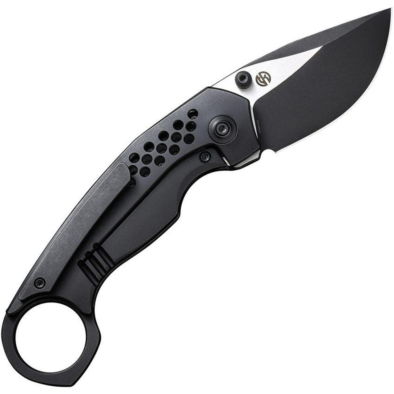 We Knife Co. Envisage (WE220132) 2.42" CPM-20CV Two Tones Black and Satin Drop Point Plain Blade, Black Titanium Handle, Finger Ring