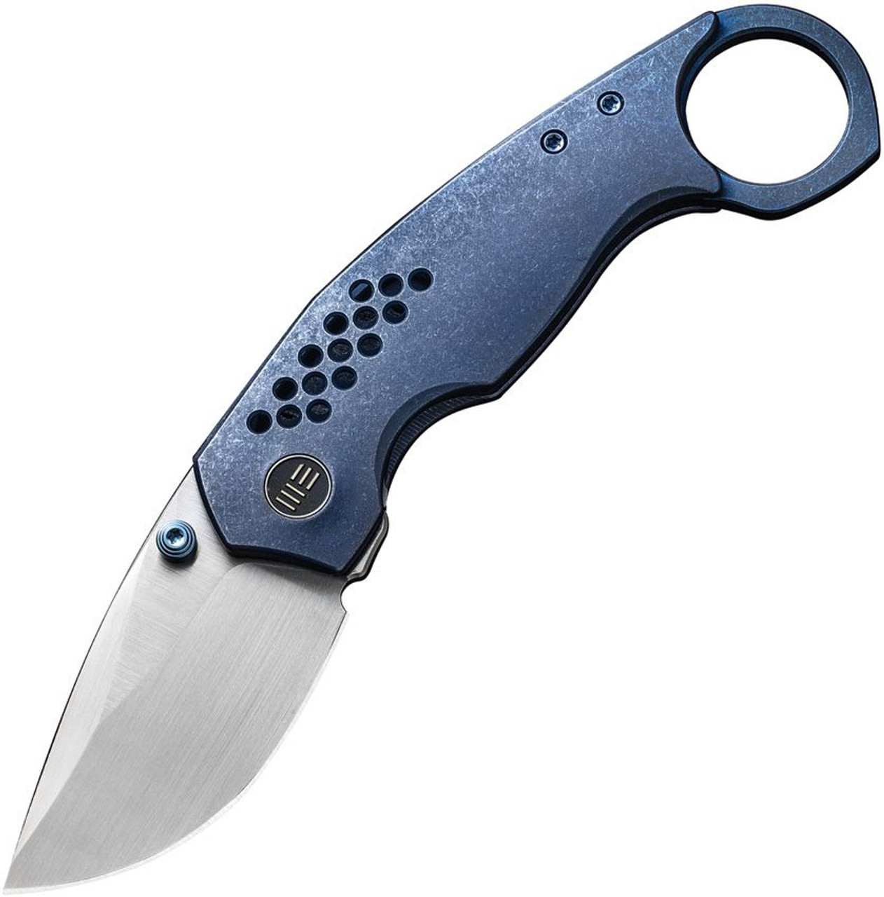 We Knife Co. Envisage (WE220134) 2.42" CPM-20CV Satin Drop Point Plain Blade, Blue Stonewash Titanium Handle, Finger Ring