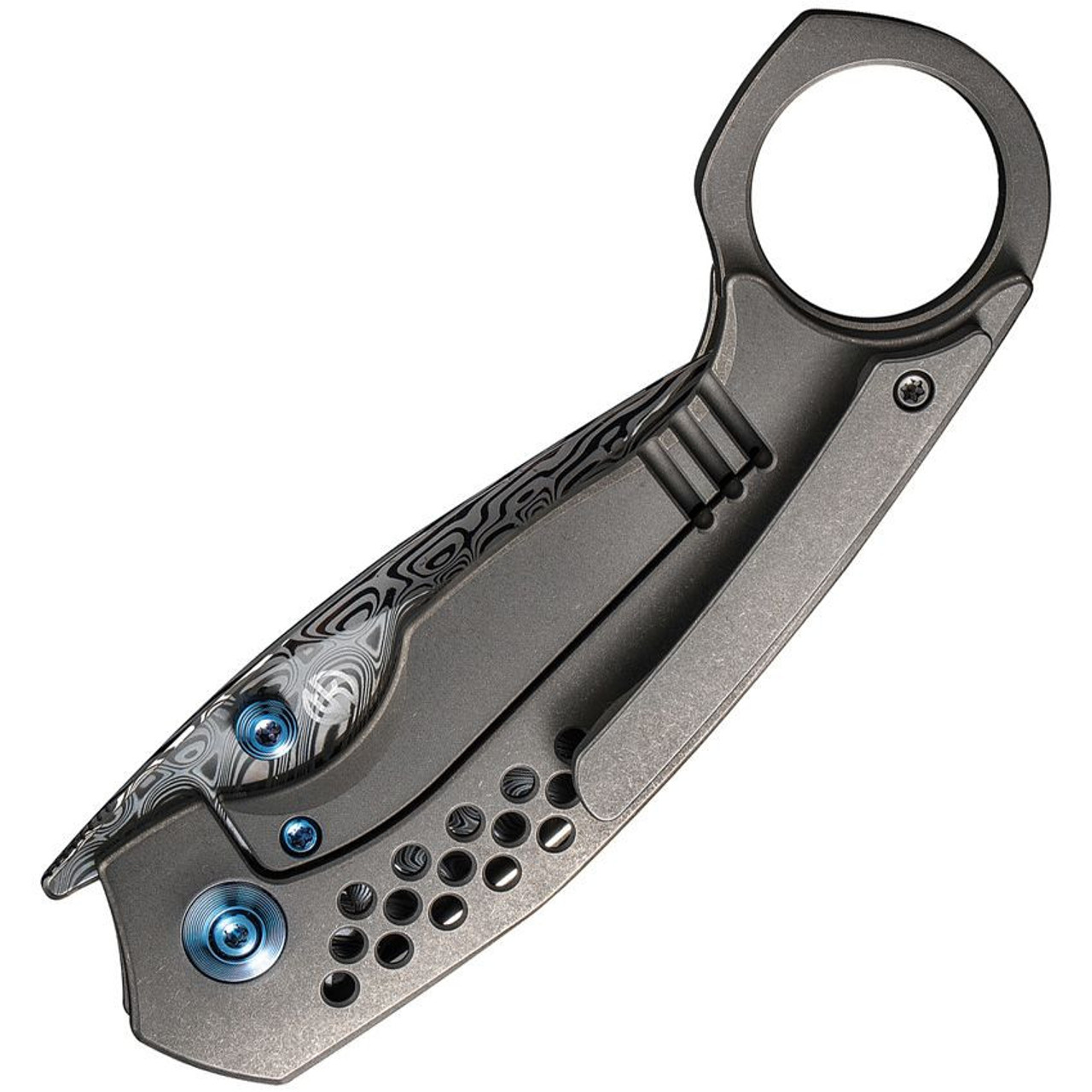 We Knife Co. Envisage (WE22013DS1) 2.42" Damascus Drop Point Plain Blade, Silver Stonewash Titanium Handle, Finger Ring