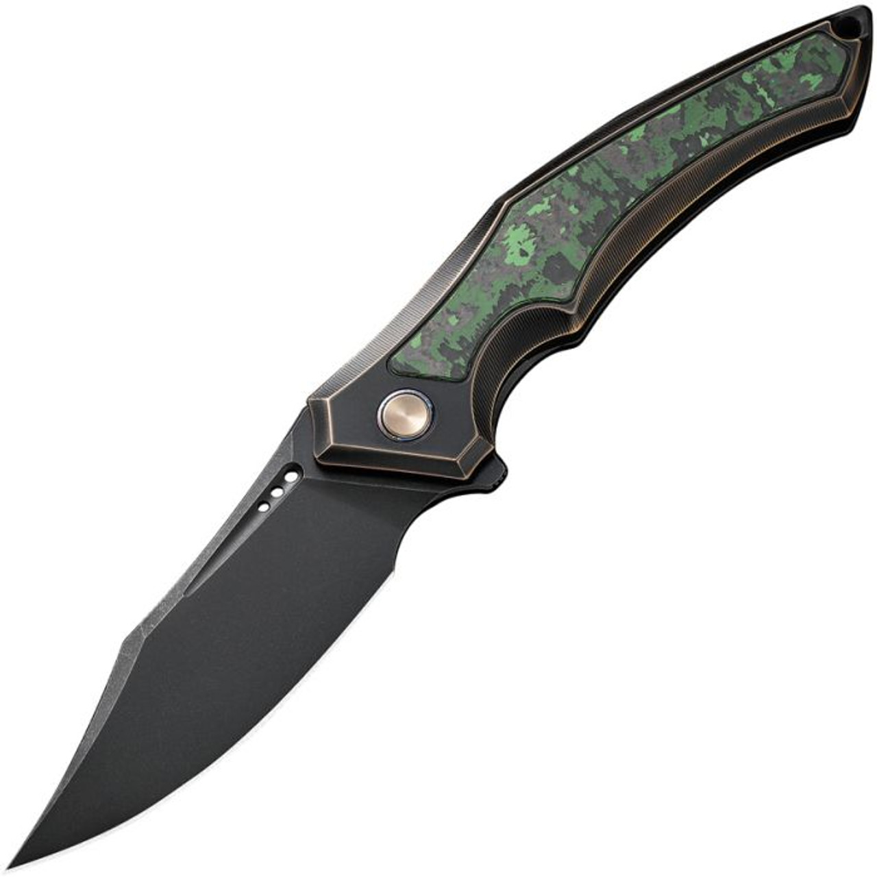 WE Knife Orpheus Jungle (WE230091) 3.48" CPM-20CV Black Stonewashed Clip Point Plain Blade, Black and Dark Bronze Titanium Handle with Green Jumble Wear Carbon Fiber Inlays