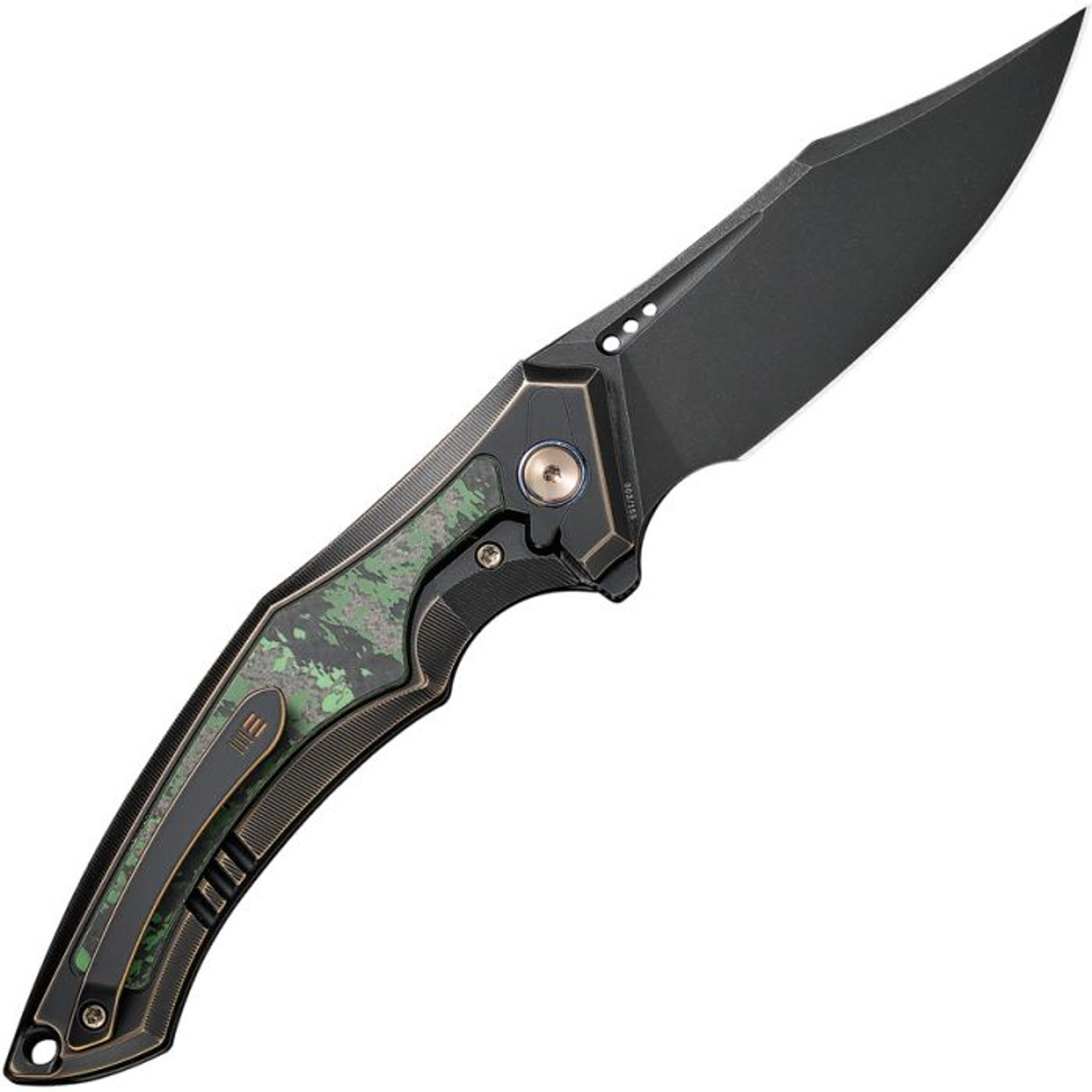 WE Knife Orpheus Jungle (WE230091) 3.48" CPM-20CV Black Stonewashed Clip Point Plain Blade, Black and Dark Bronze Titanium Handle with Green Jumble Wear Carbon Fiber Inlays