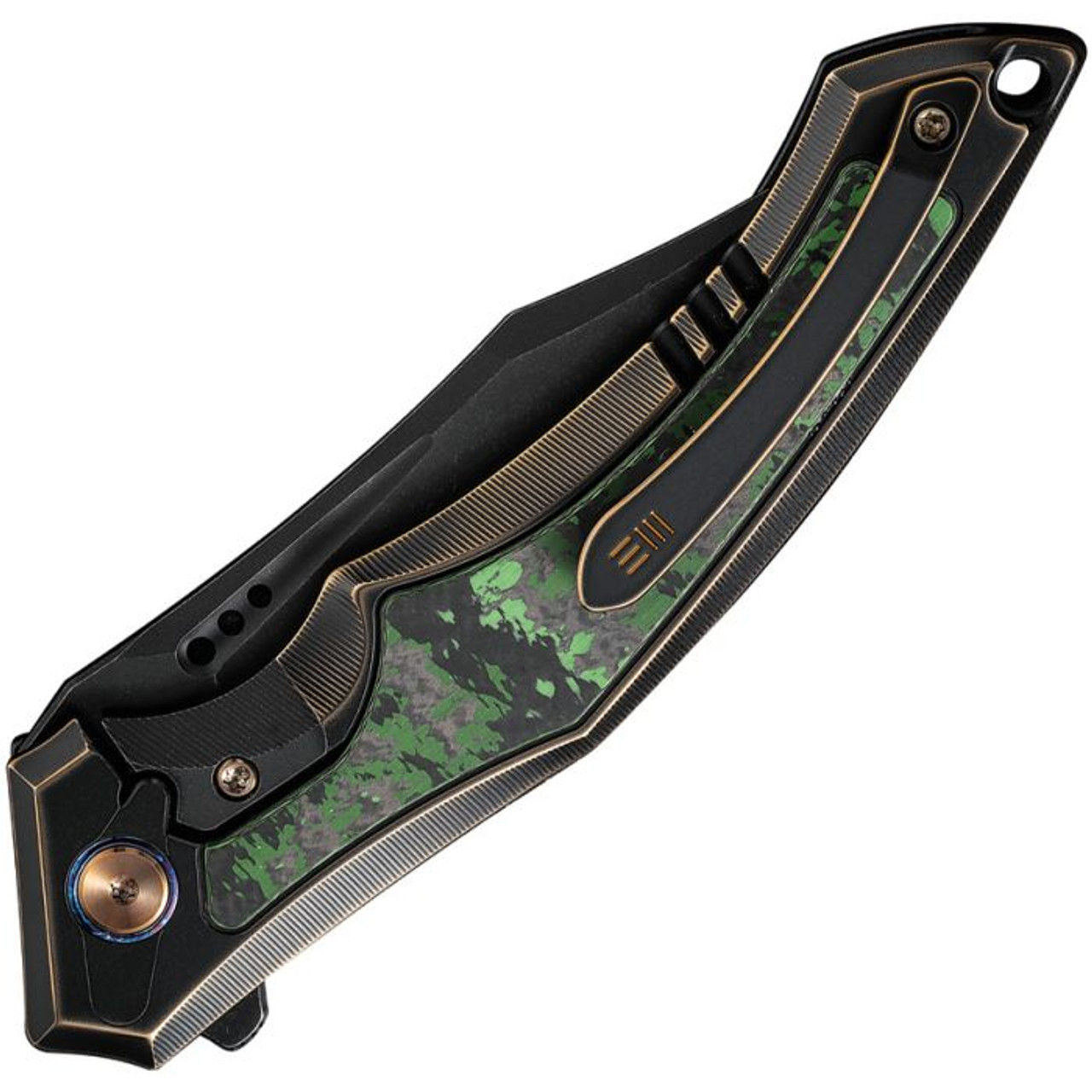 WE Knife Orpheus Jungle (WE230091) 3.48" CPM-20CV Black Stonewashed Clip Point Plain Blade, Black and Dark Bronze Titanium Handle with Green Jumble Wear Carbon Fiber Inlays