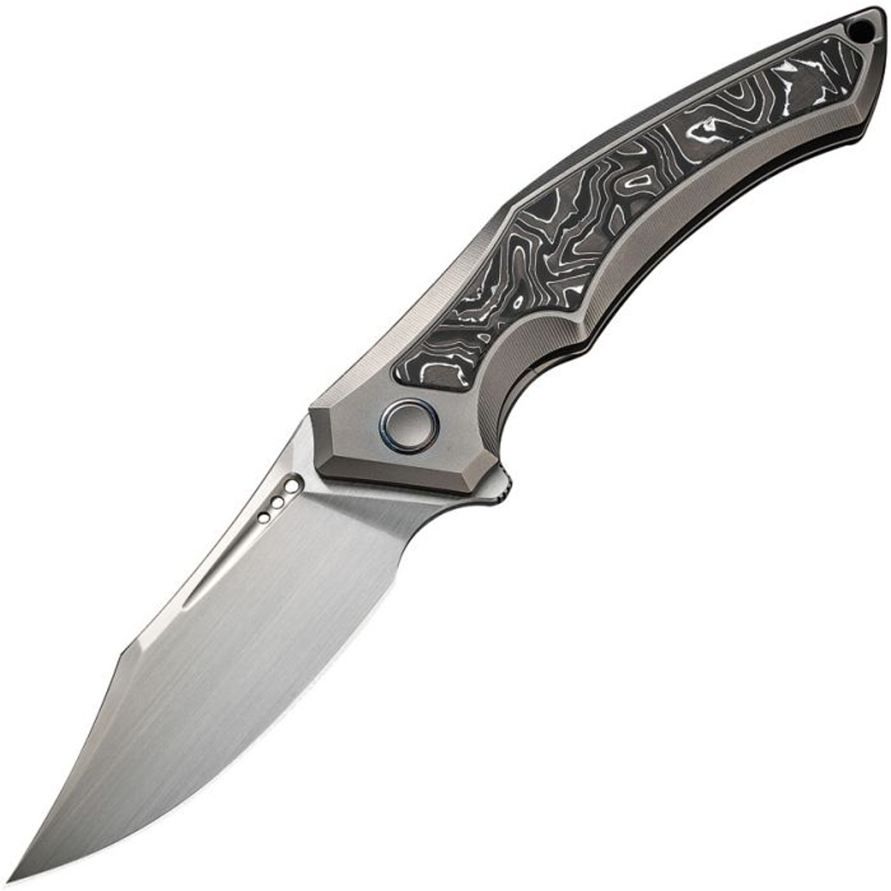 WE Knife Orpheus Foil (WE230092) 3.48" CPM-20CV Satin Clip Point Plain Blade, Gray Finished Titanium Handle with Aluminum Foil Carbon Fiber Inlays