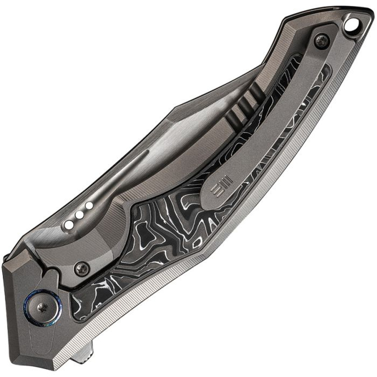 WE Knife Orpheus Foil (WE230092) 3.48" CPM-20CV Satin Clip Point Plain Blade, Gray Finished Titanium Handle with Aluminum Foil Carbon Fiber Inlays