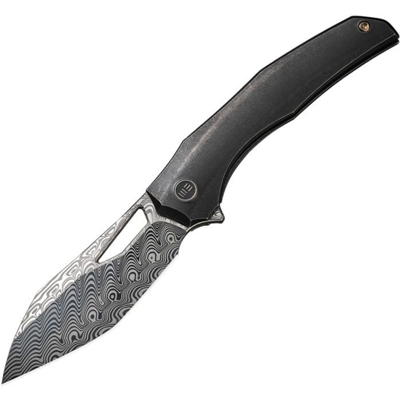 WE Knife Ignio Damascus (WE22042BDS1) 3.30" Damasteel Drop Point Plain Blade, Black Stonewashed Titanium Handle