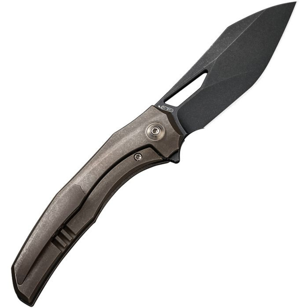 WE Knife Ignio Bronze (WE22042B2) 3.30" CPM-20CV Black Stonewashed Drop Point Plain Blade, Bronze Titanium Handle