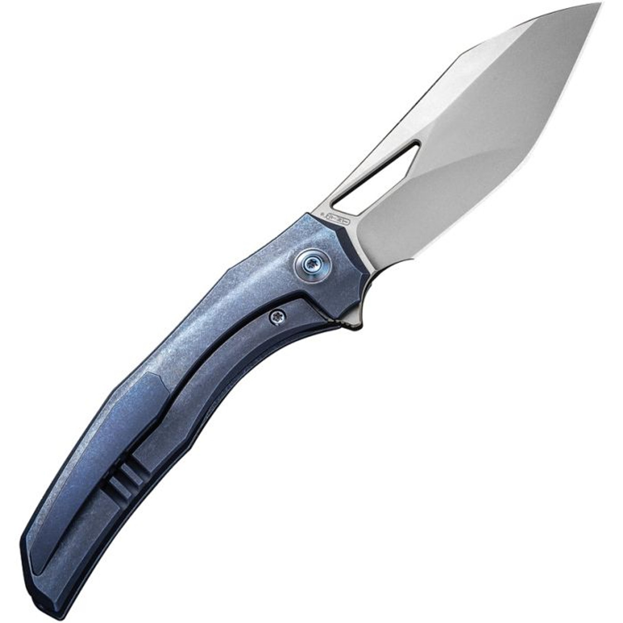 WE Knife Ignio Blue (WE22042B3) 3.30" CPM-20CV Stonewashed Drop Point Plain Blade, Blue Titanium Handle
