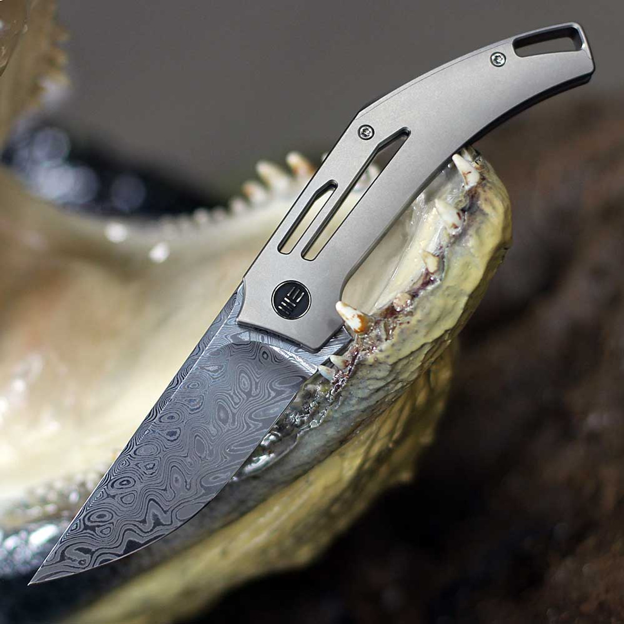 WE Knife Speedliner Flipper Knife (WE22045C-DS1) - 3.39" Hakkapella Damasteel Blade, Gray Titanium Handle