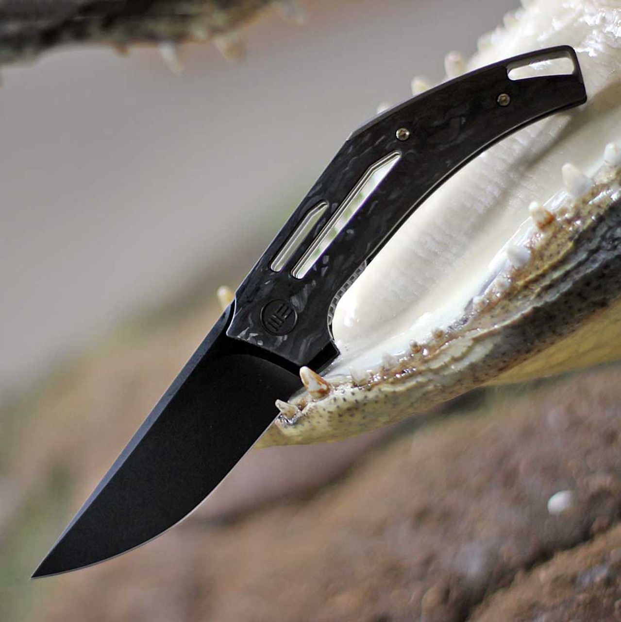 WE Knife Speedliner Flipper Knife (WE22045B-2) - 3.39" Black Stonewash CPM 20CV Blade, Shredded Carbon Fiber Handle