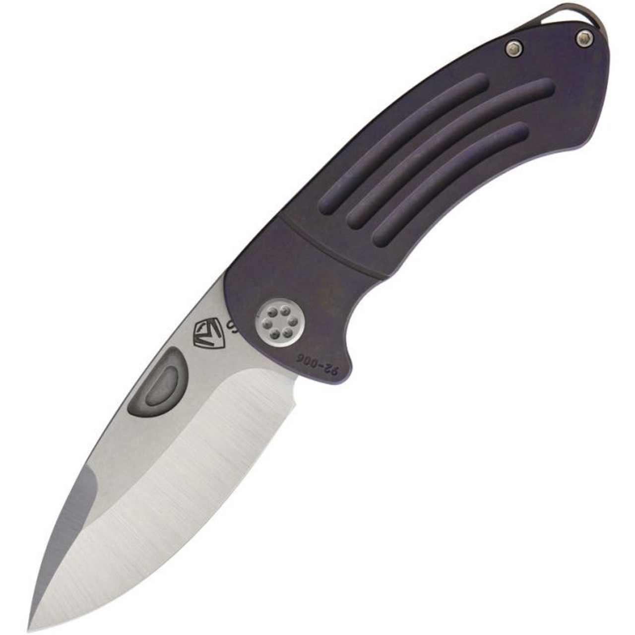 Medford Knife & Tool Theseus (MD040STQ02AN) 3.6" CPM-S35VN Stonewashed Drop Point Plain Blade, Purple Anodized Titanium Handle