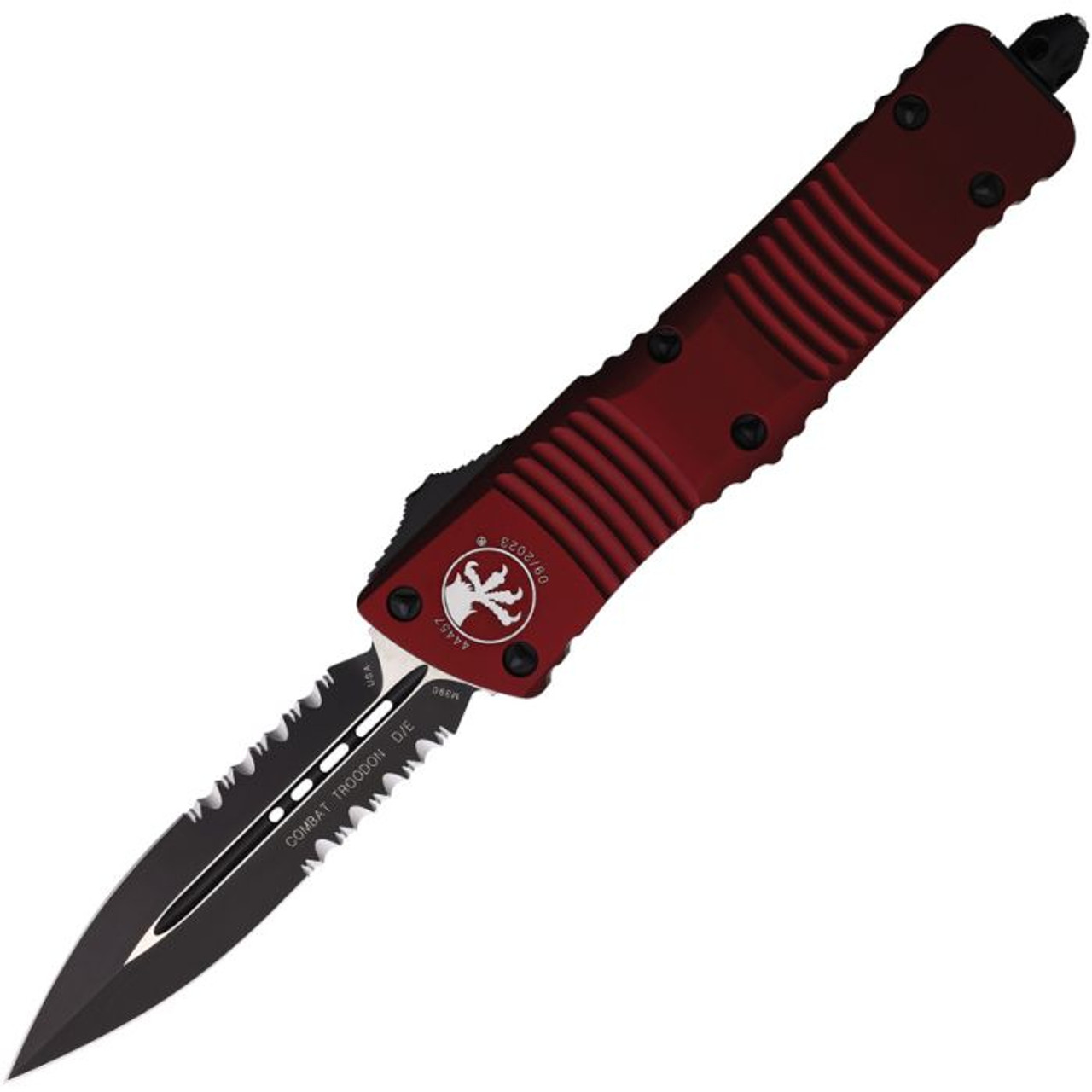 Microtech Combat Troodon D/E OTF (MCT1422MR) 3.88" Bohler M390 Two-Tone Black Cerakote and Satin Finished Partially Serrated Dagger Double Edged Blade, Red Anodized Aluminum Handle